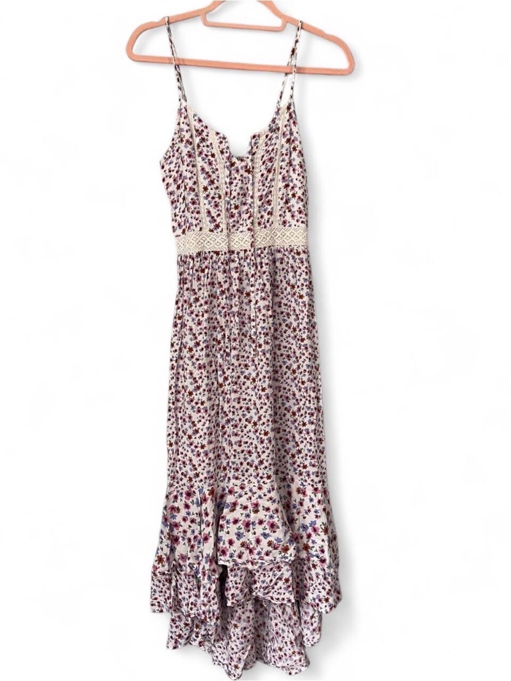 Japna White Floral High-Low Maxi Dress with Crochet Waist